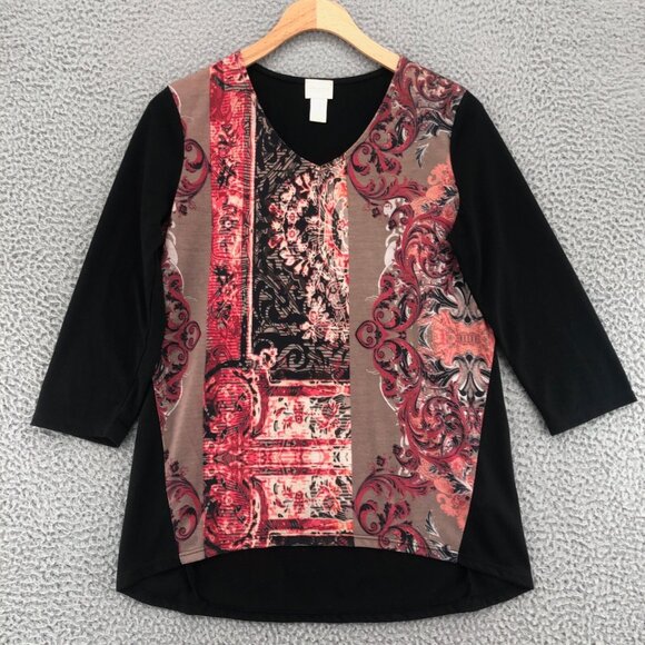 Chicos Top Womens 0 US Small Red Multi Floral V Neck 3/4 Sleeve Tunic Pullover - Picture 1 of 10